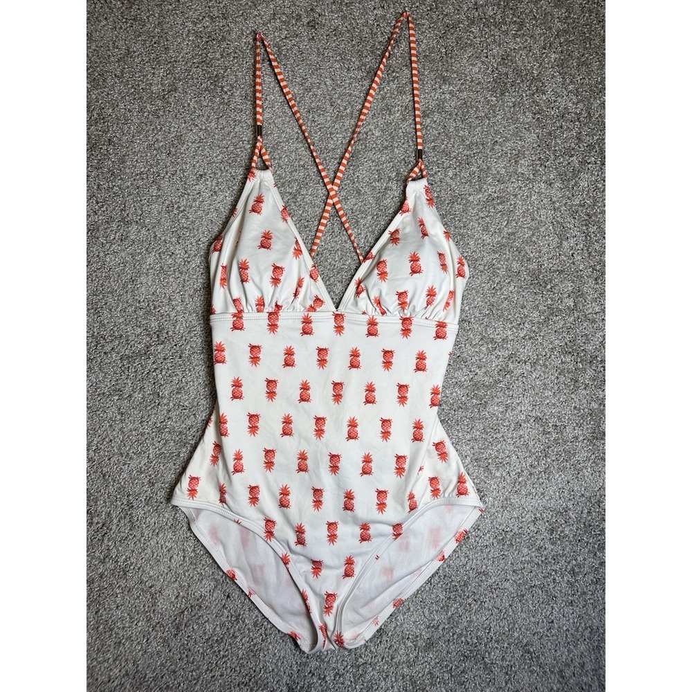Tommy Bahama Pineapple One Piece Swimsuit Size 10 White Orange Lace Up Padded